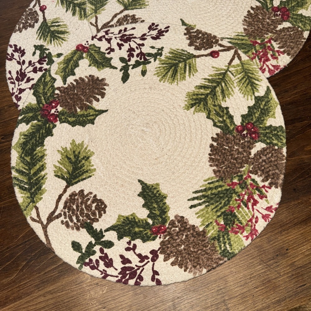 4 Berry & Glitter Pinecone Christmas Placemats 15" Round Woven Cotton Holiday